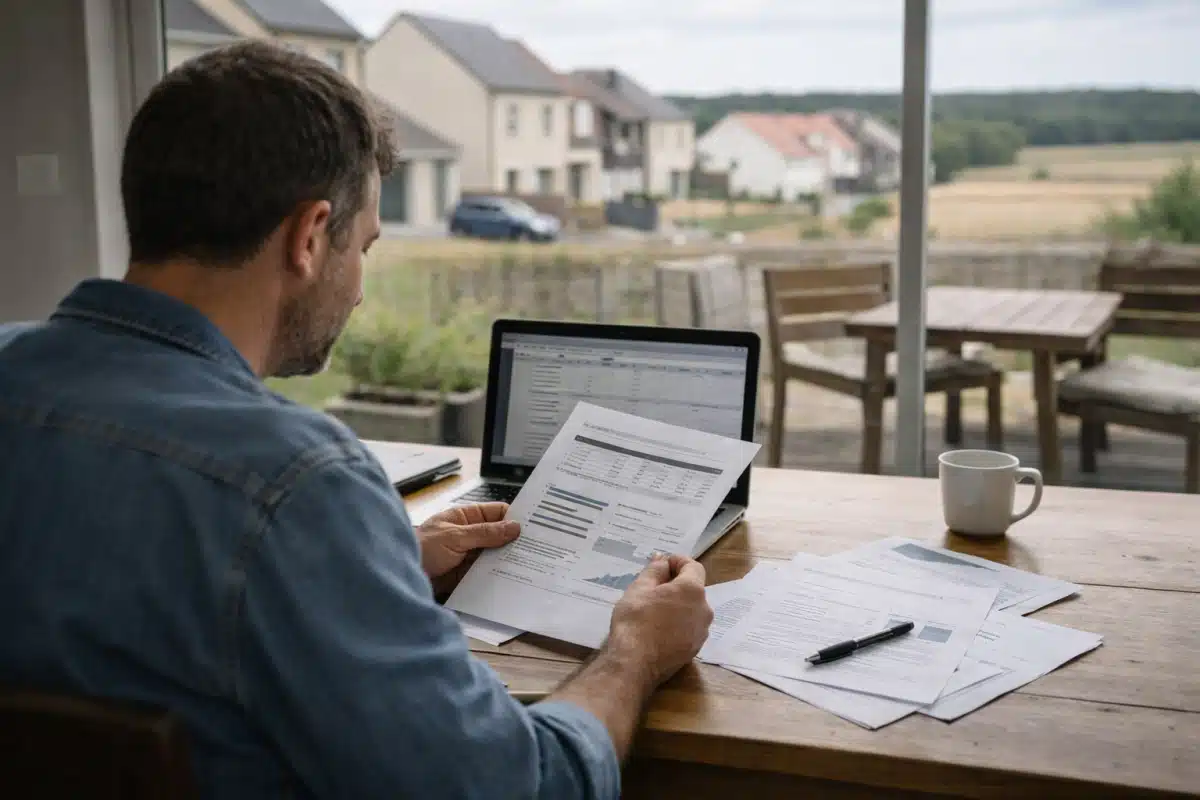 Homme travaillant avec ordinateur portable et documents