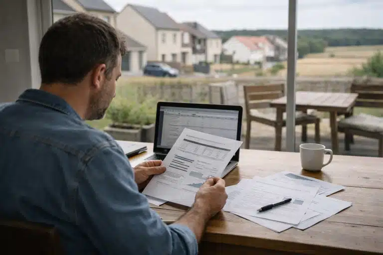 Homme travaillant avec ordinateur portable et documents