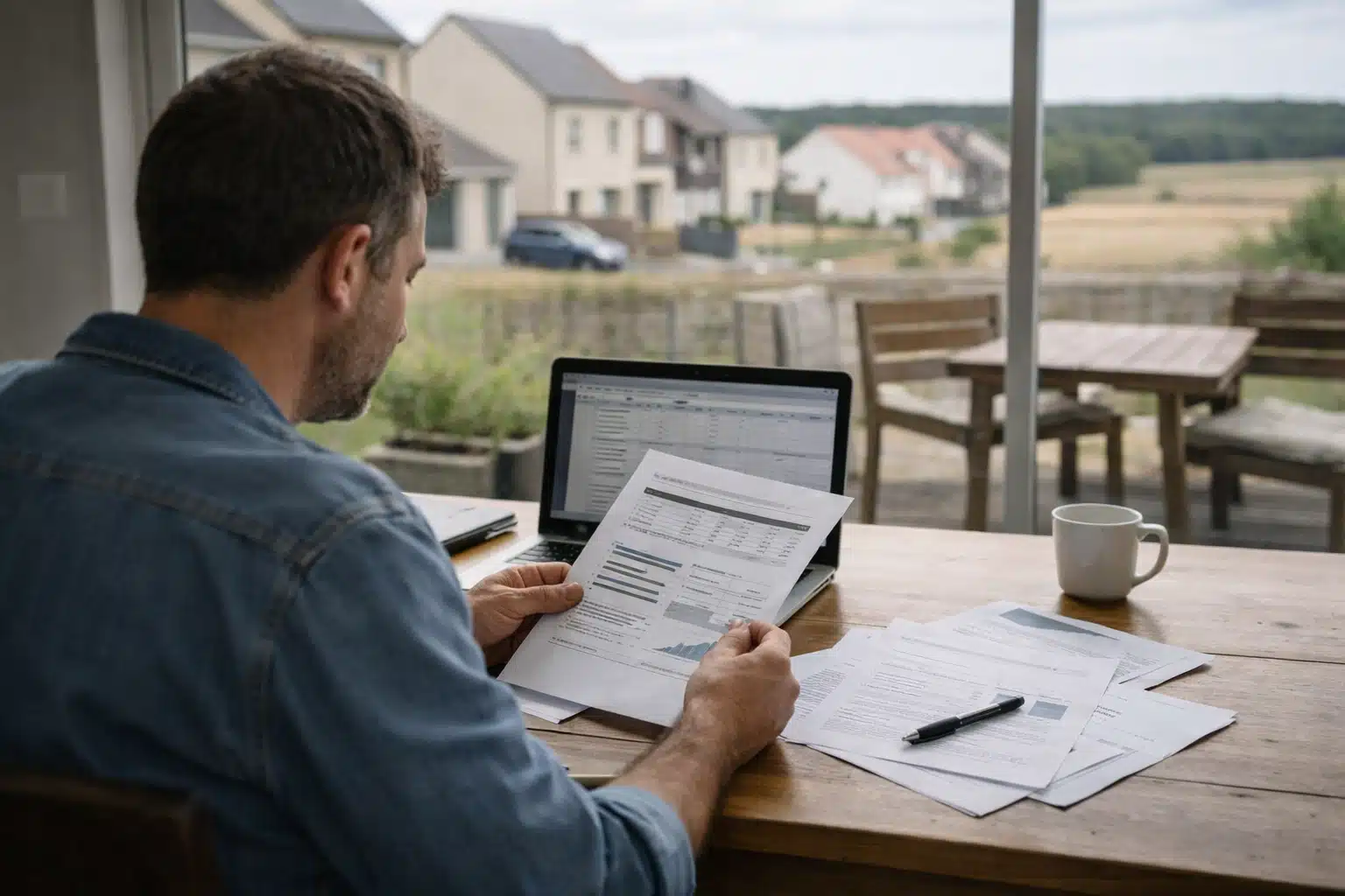 Homme travaillant avec ordinateur portable et documents