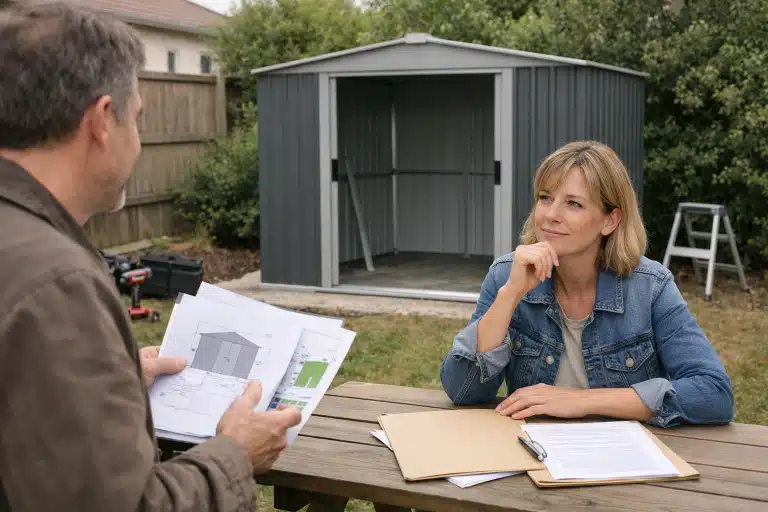 Femme réfléchissant près d'un abri de jardin et plans