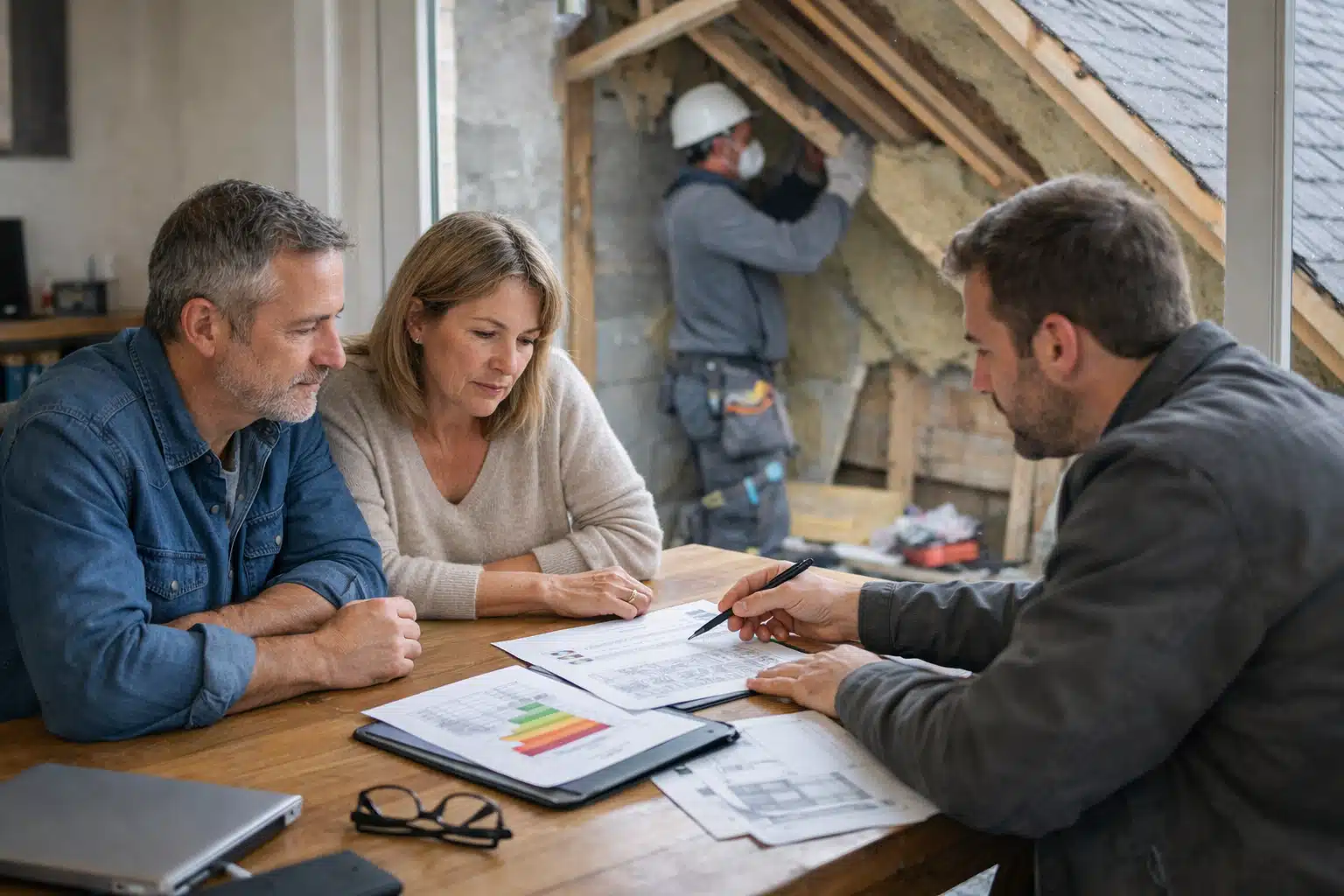 Couple et artisan examinant des plans des combles