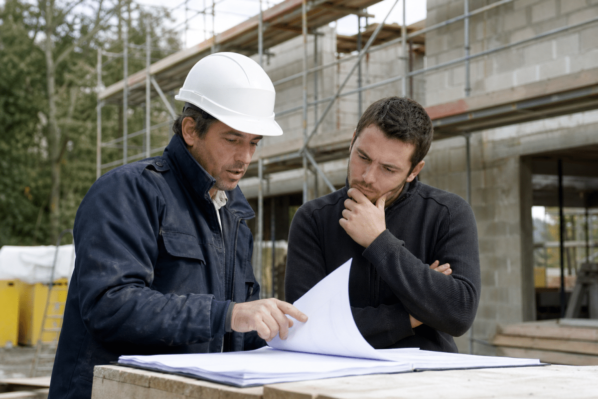 Deux ouvriers sur chantier consultant des plans