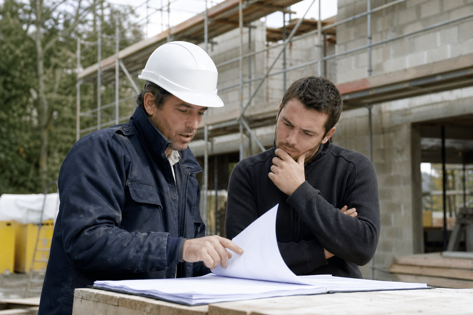 Deux ouvriers sur chantier consultant des plans