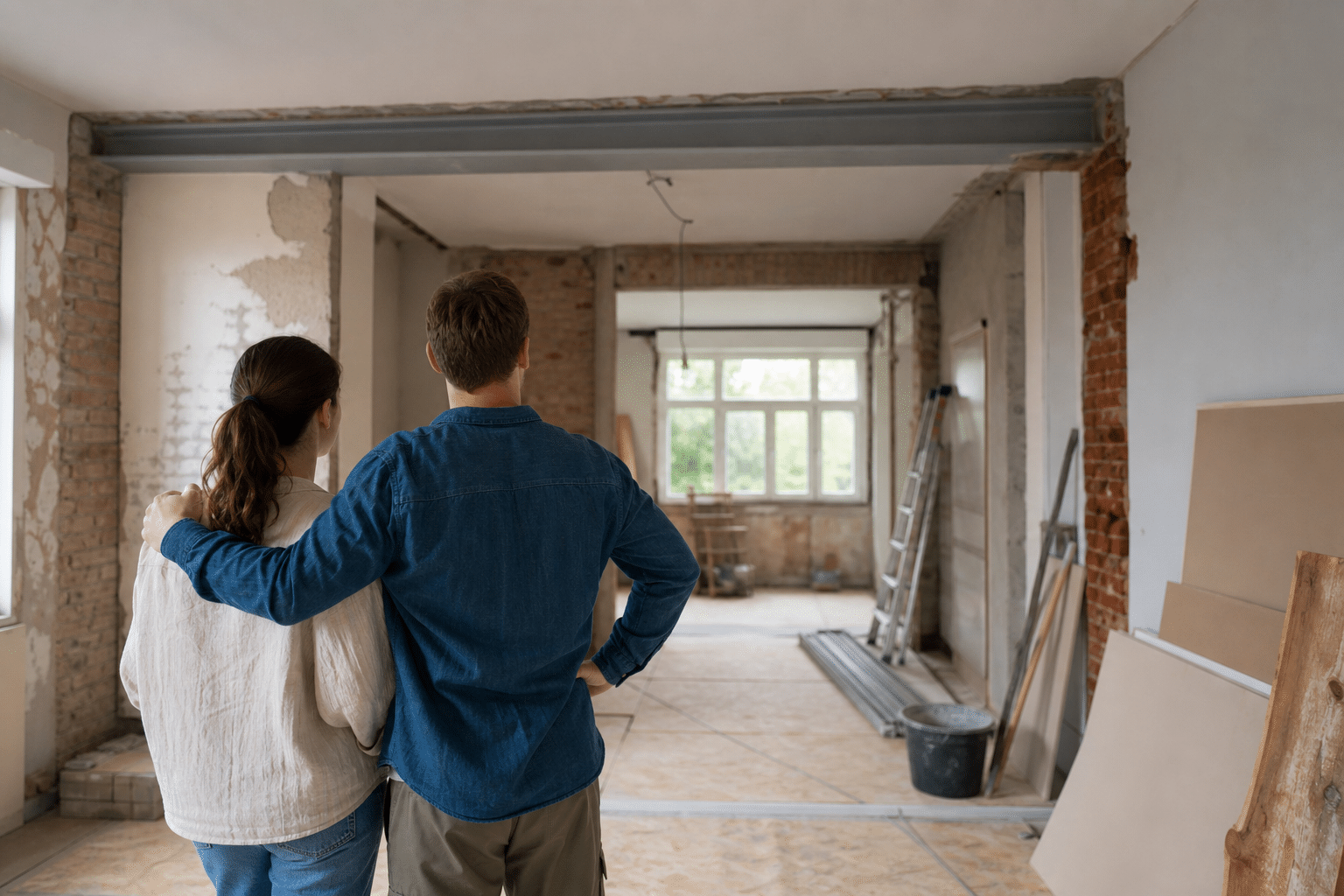 Couple regardant une pièce en rénovation devant une fenêtre