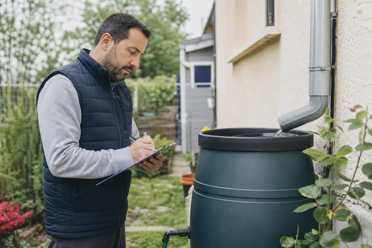 Homme vérifiant un composteur avec bloc-notes