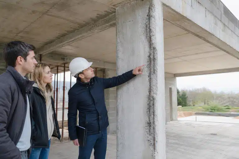 Homme en casque montrant une colonne en béton