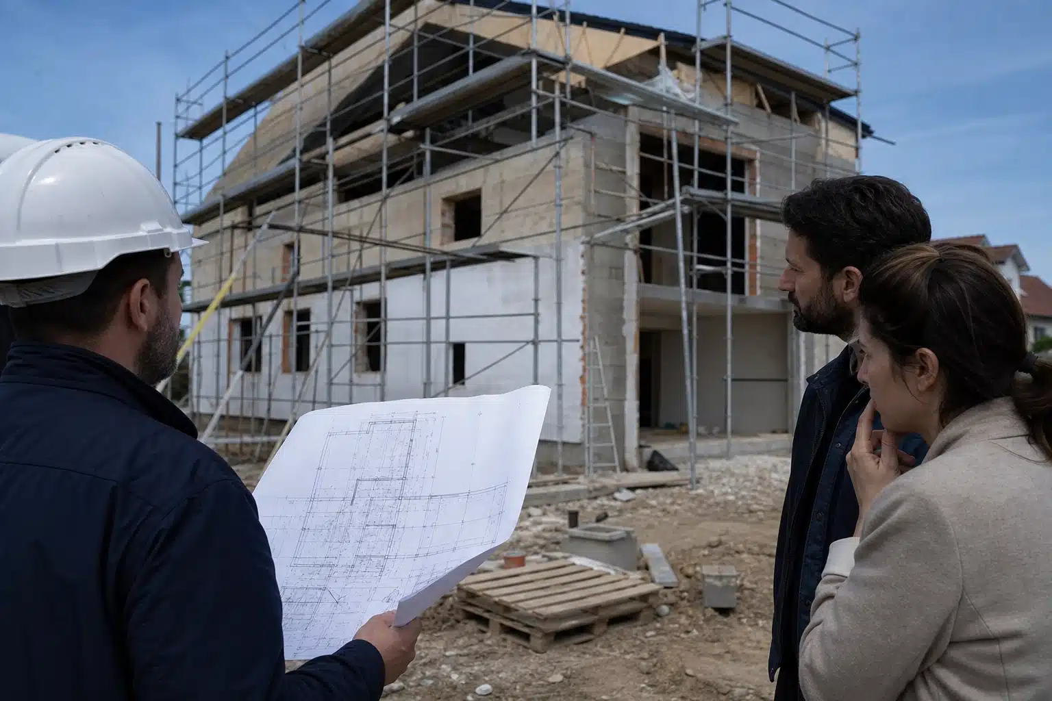 Deux hommes regardant des plans devant maison en construction